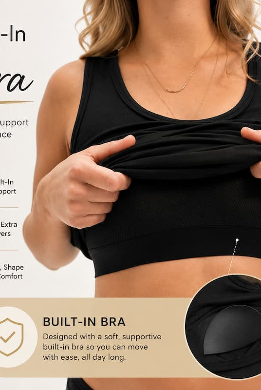A woman wearing a black built-in bra sports tank top, demonstrating how to pull the top layer up. The graphic includes text callouts about comfort, support, and shape, along with a circular inset showing the black built-in bra cup detail.