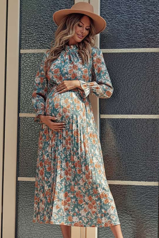 Pleated Floral Maternity Dress
