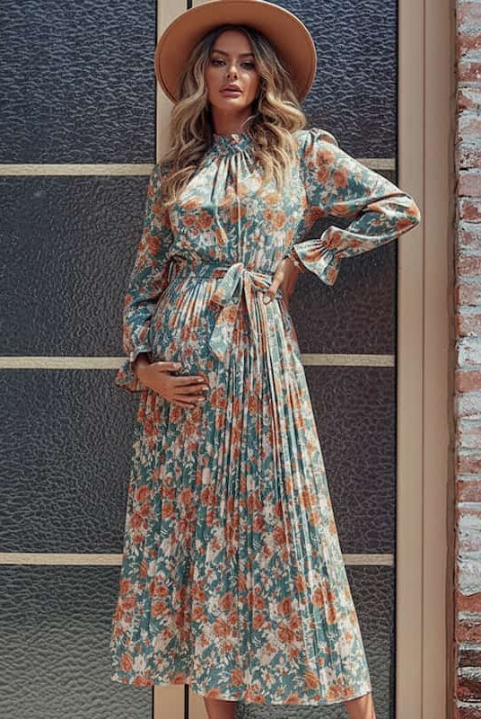 Pleated Floral Maternity Dress