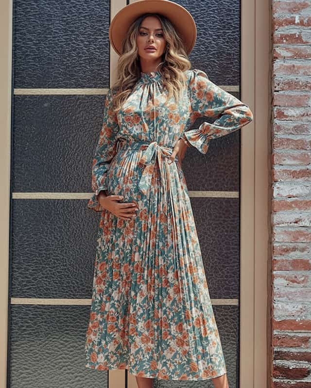 Pleated Floral Maternity Dress