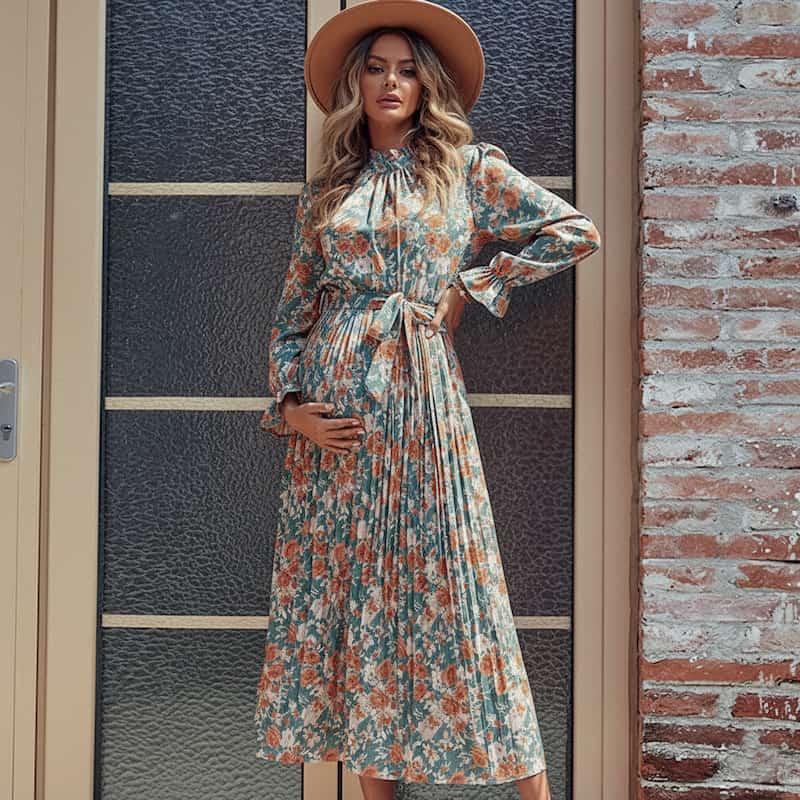 Pleated Floral Maternity Dress