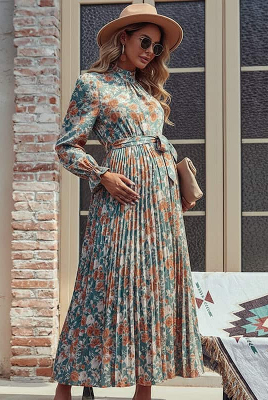 Pleated Floral Maternity Dress