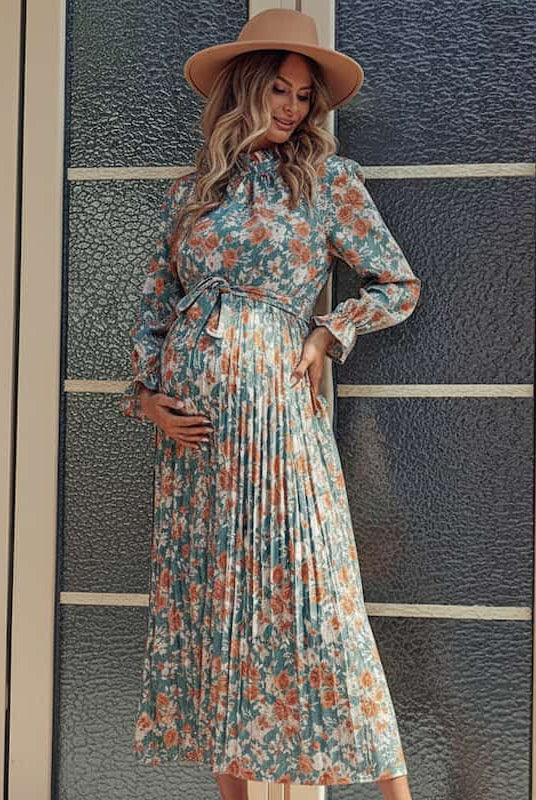 Pleated Floral Maternity Dress