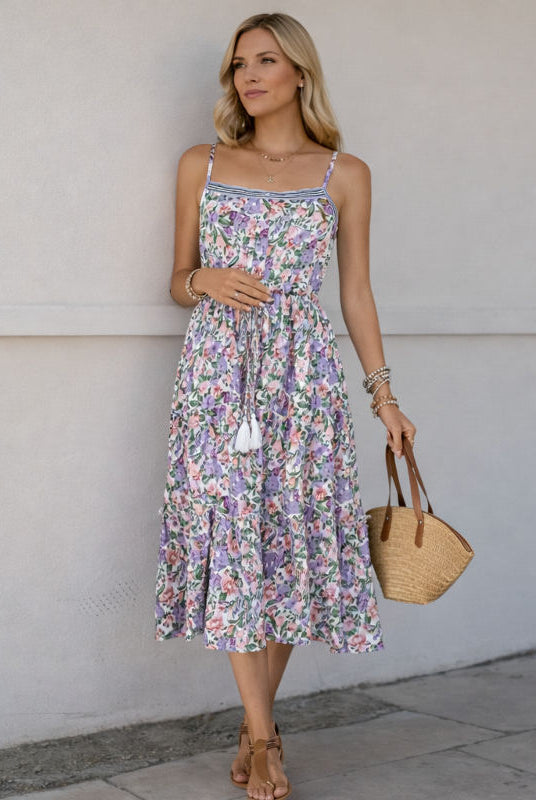 Purple Floral Spaghetti Strap Maternity Dress