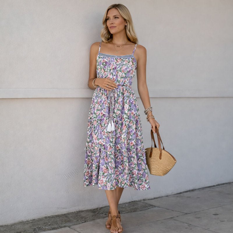 Purple Floral Spaghetti Strap Maternity Dress