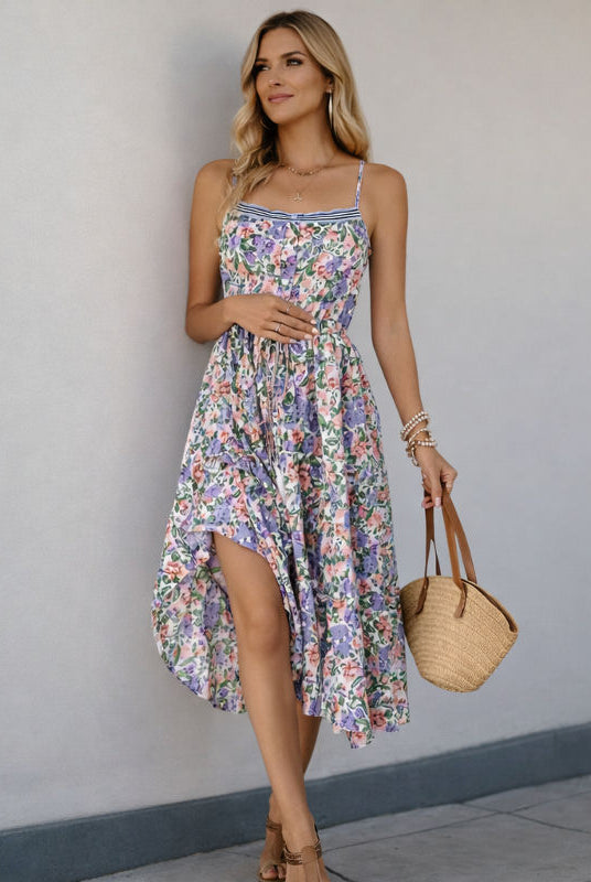 Purple Floral Spaghetti Strap Maternity Dress