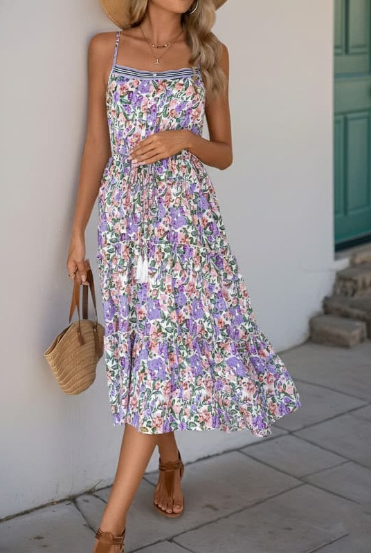 Purple Floral Spaghetti Strap Maternity Dress