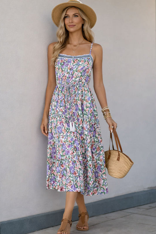 Purple Floral Spaghetti Strap Maternity Dress