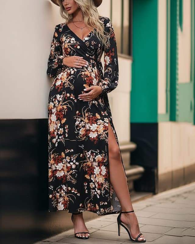 Side Slit Floral Maternity Dress