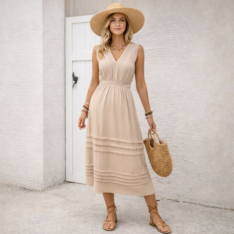 V-Neck Beige Maternity Dress