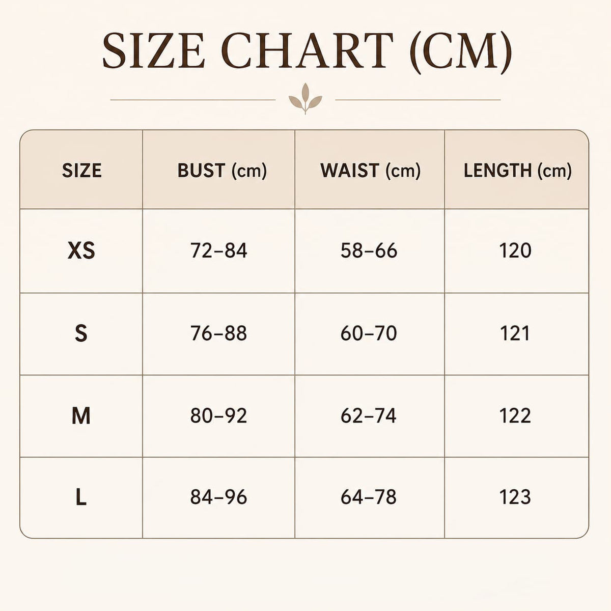 Size chart in CM