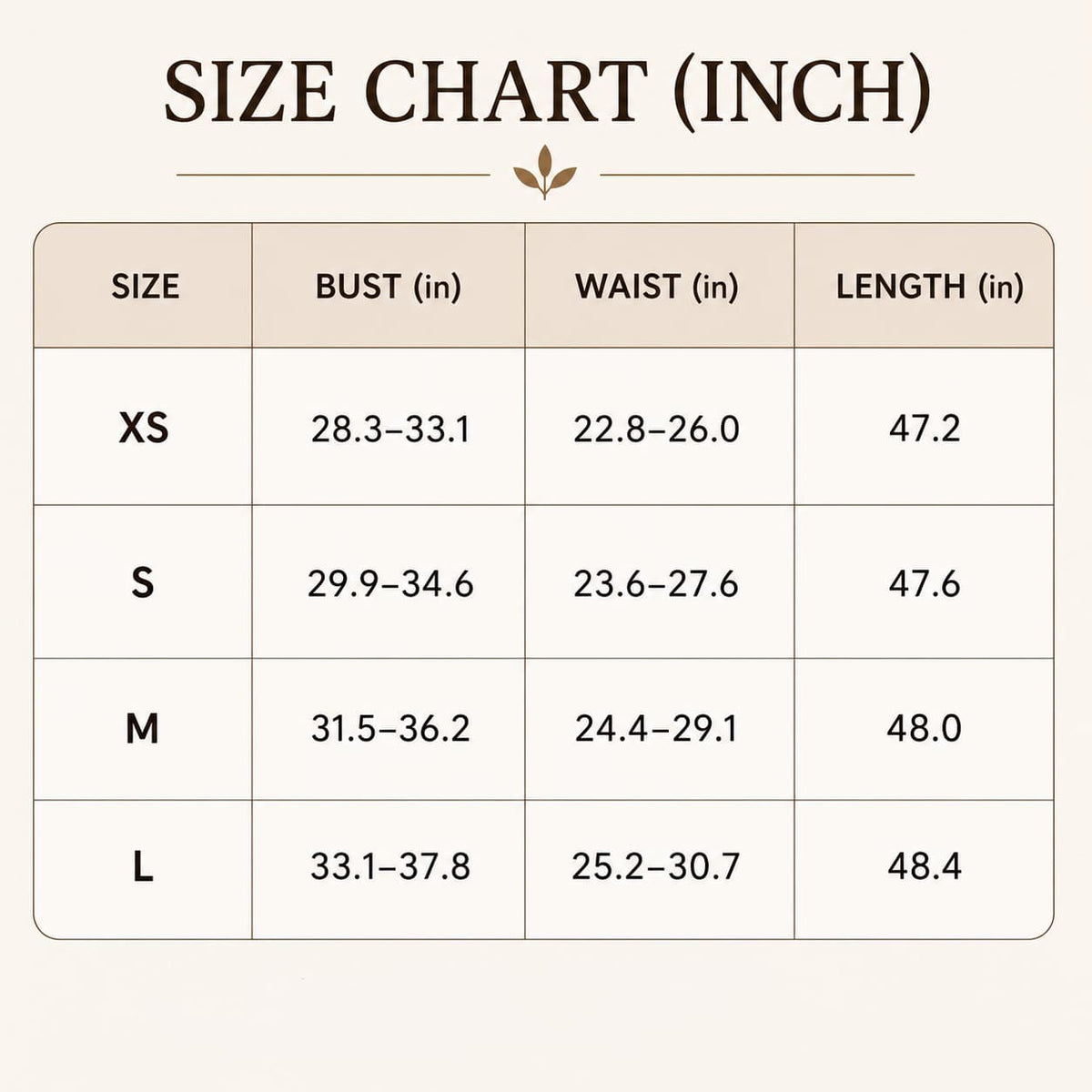 Size chart in Inches
