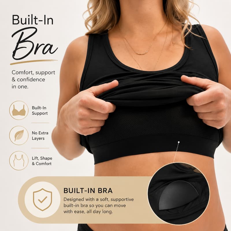 A woman wearing a black built-in bra sports tank top, demonstrating how to pull the top layer up. The graphic includes text callouts about comfort, support, and shape, along with a circular inset showing the black built-in bra cup detail.