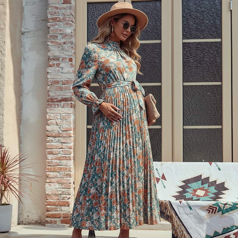 Pleated Floral Maternity Dress