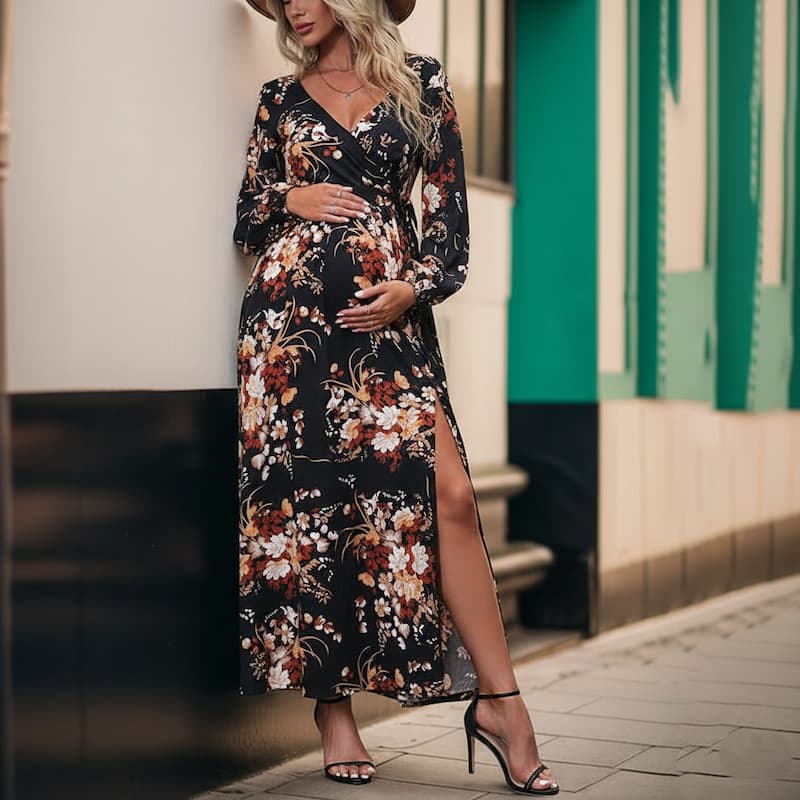 Side Slit Floral Maternity Dress