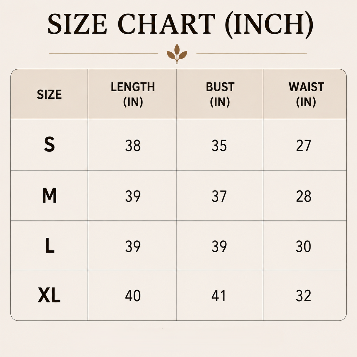 Size chart in Inches