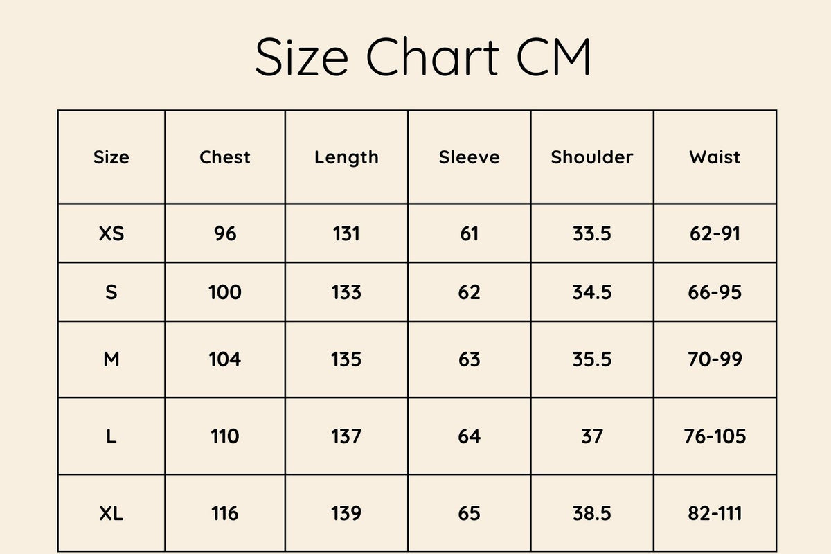 Size chart in CM