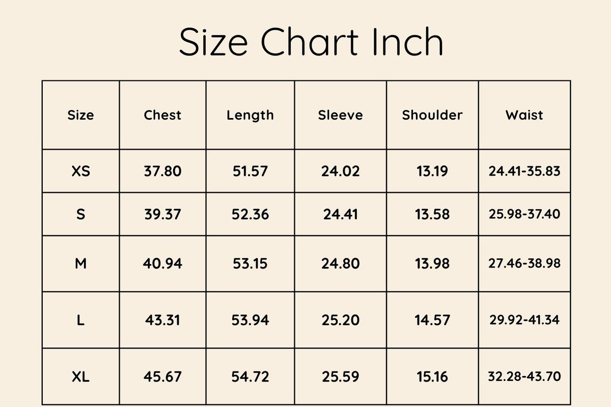 Size chart in Inches